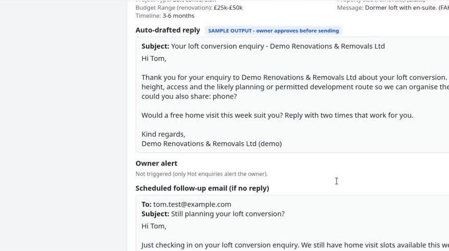 Demo output: auto-drafted reply to a loft conversion enquiry and a scheduled follow-up email