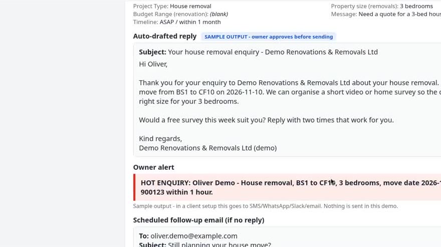 Demo output: auto-drafted reply to a house removal enquiry and a red HOT ENQUIRY owner alert